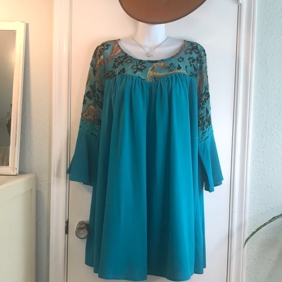 Umgee Boho Turquoise Velvet Floral Print Dress Size S - Picture 3 of 15